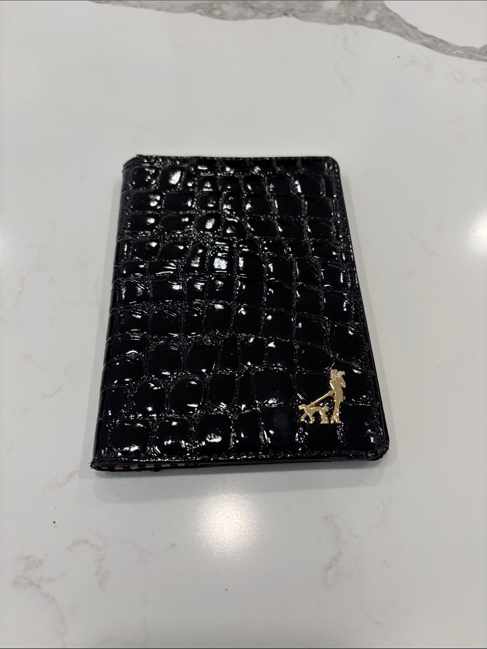 Henri‎ Bendel black Croc-Embossed Leather passport Holder with Gold Accent